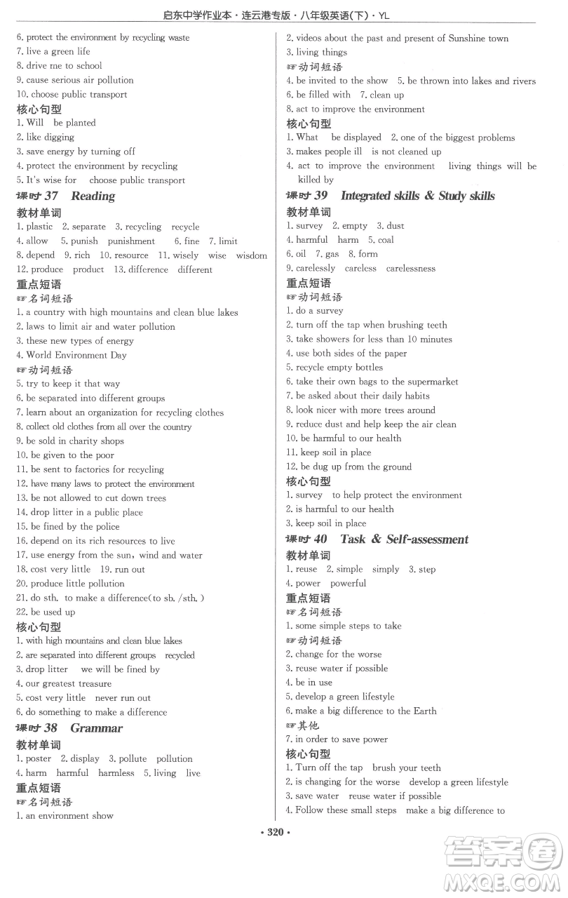 龍門書(shū)局2023啟東中學(xué)作業(yè)本八年級(jí)下冊(cè)英語(yǔ)譯林版連云港專版參考答案