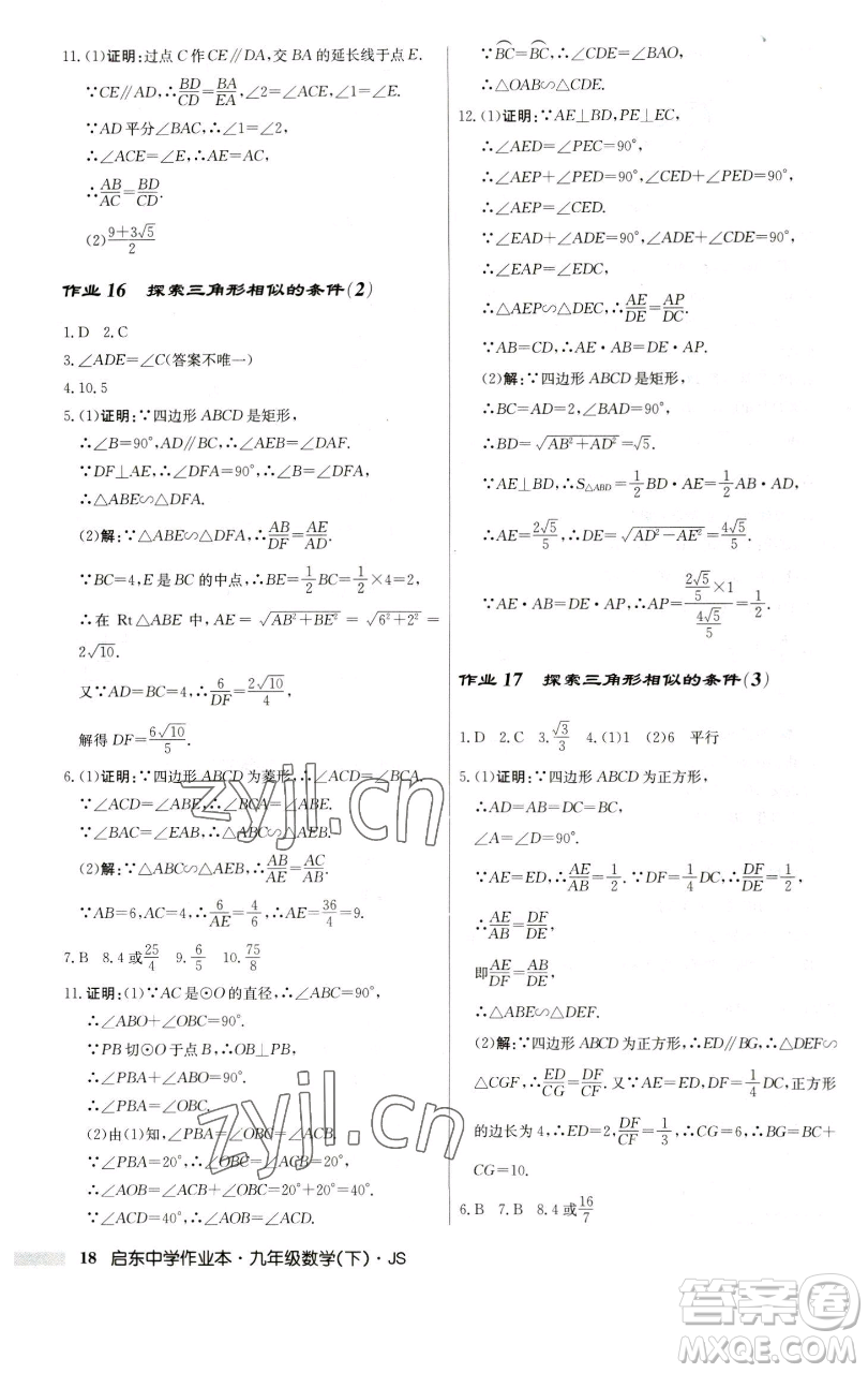 龍門書局2023啟東中學作業(yè)本九年級下冊數學江蘇版參考答案