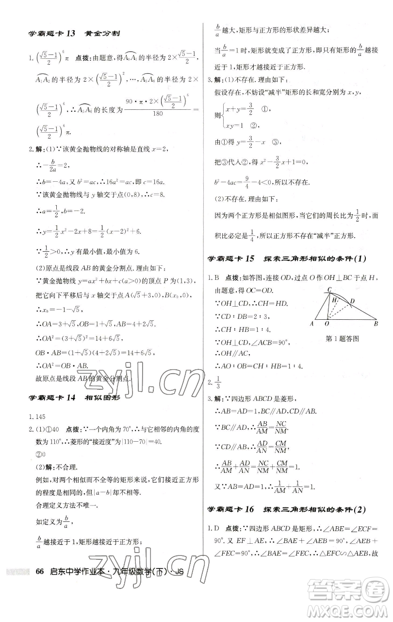 龍門書局2023啟東中學作業(yè)本九年級下冊數學江蘇版參考答案