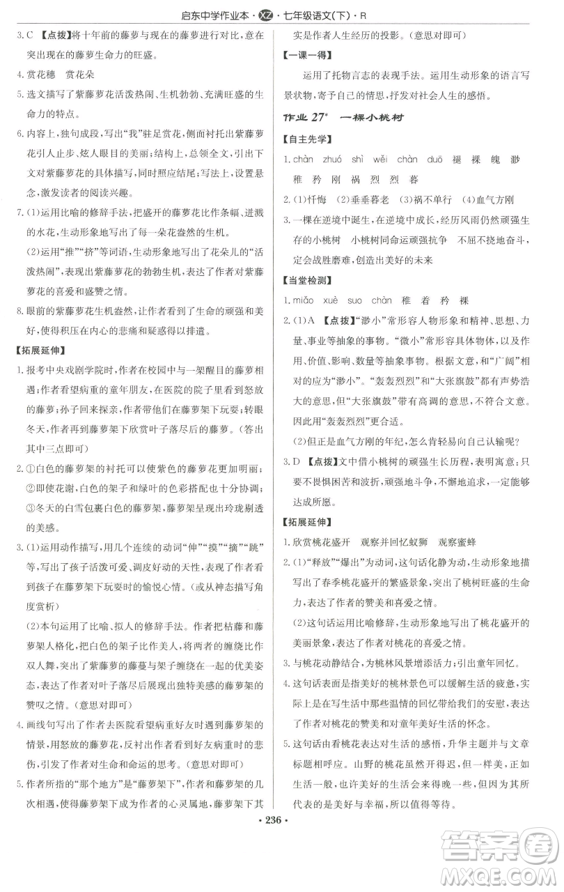 龍門書局2023啟東中學(xué)作業(yè)本七年級(jí)下冊(cè)語文人教版徐州專版參考答案