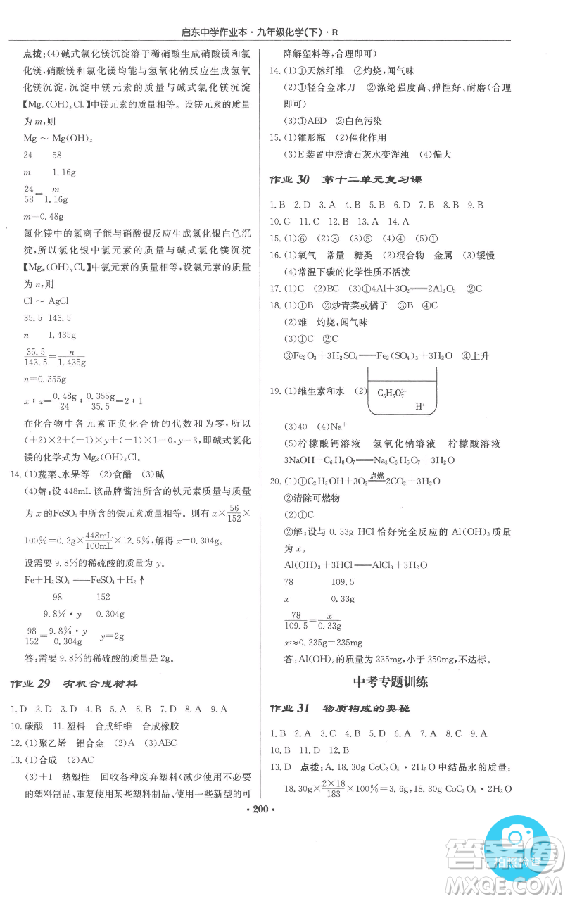 龍門書局2023啟東中學(xué)作業(yè)本九年級(jí)下冊(cè)化學(xué)人教版參考答案