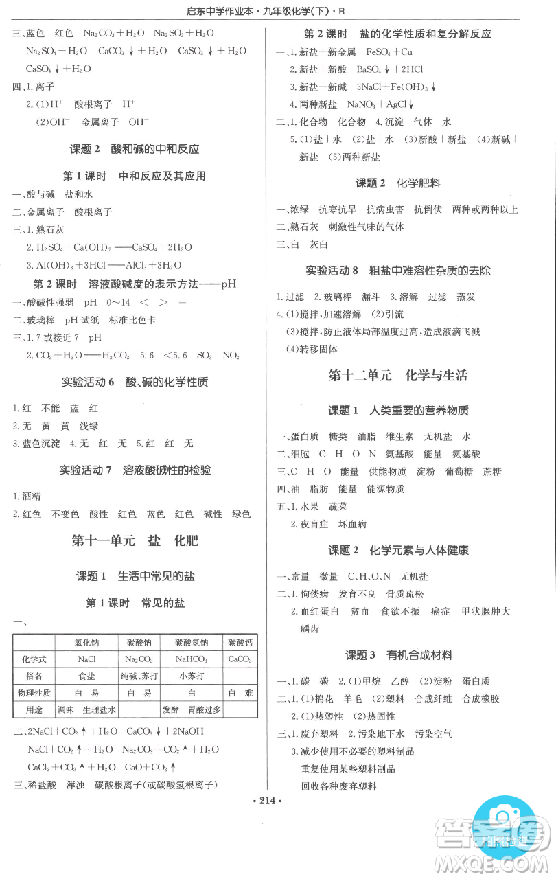 龍門書局2023啟東中學(xué)作業(yè)本九年級(jí)下冊(cè)化學(xué)人教版參考答案