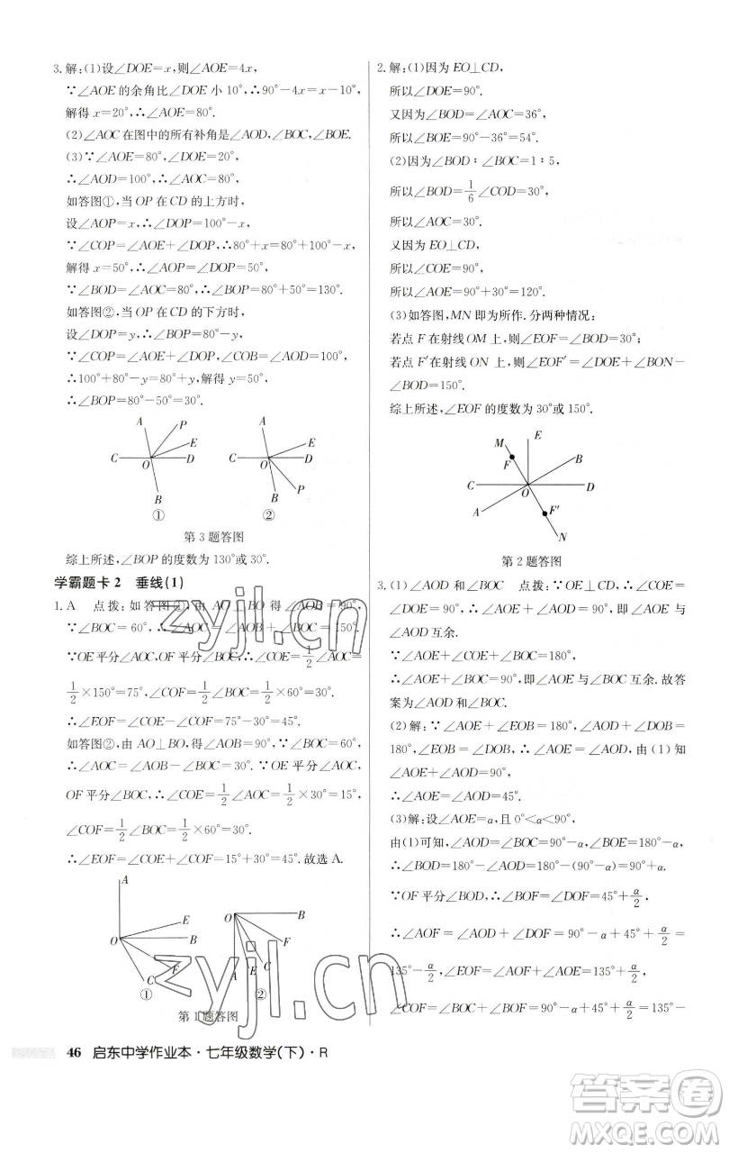 龍門書局2023啟東中學作業(yè)本七年級下冊數(shù)學人教版參考答案