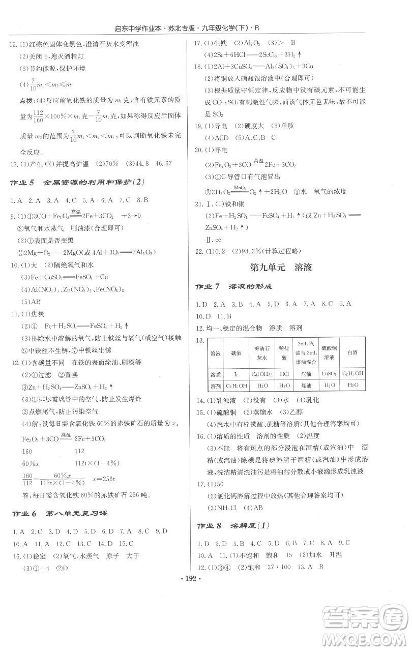 龍門書局2023啟東中學作業(yè)本九年級下冊化學人教版蘇北專版參考答案
