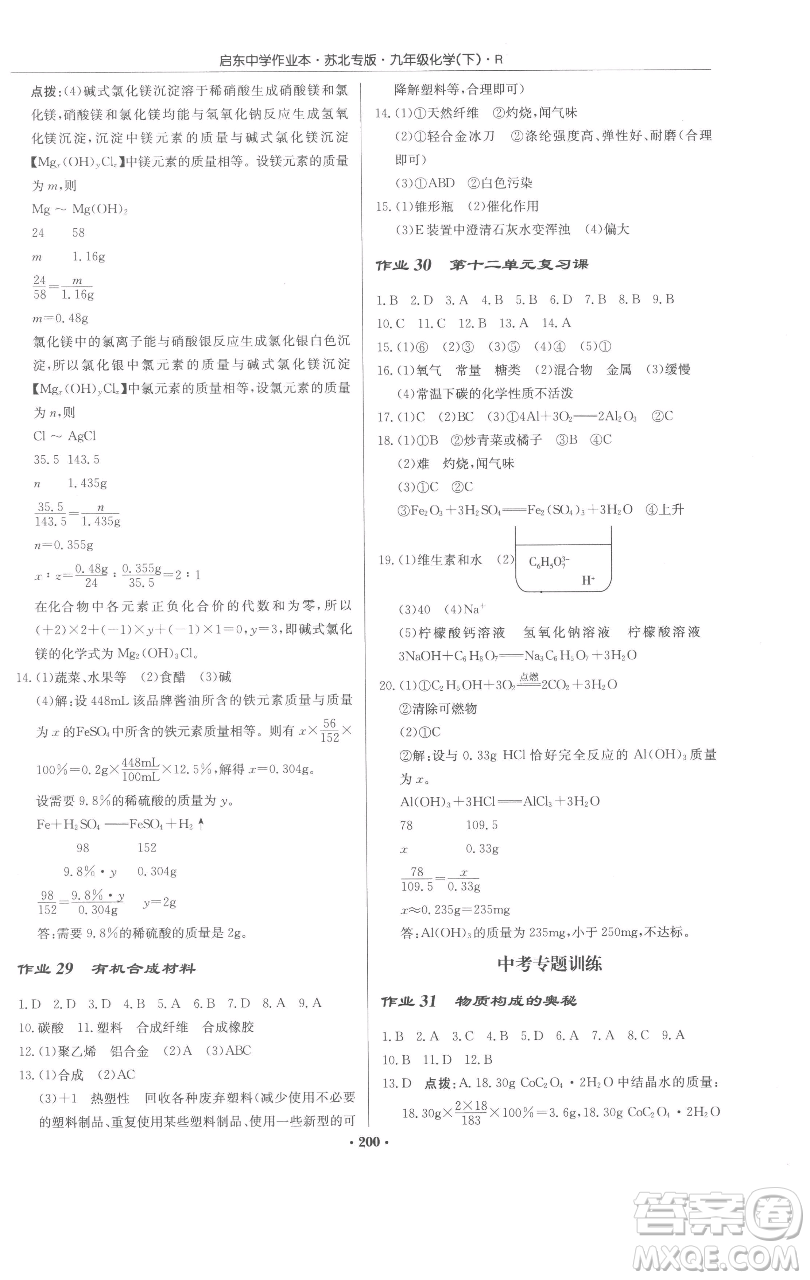 龍門書局2023啟東中學作業(yè)本九年級下冊化學人教版蘇北專版參考答案