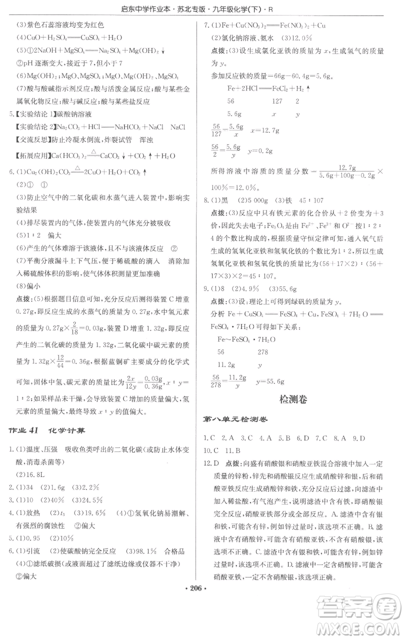 龍門書局2023啟東中學作業(yè)本九年級下冊化學人教版蘇北專版參考答案