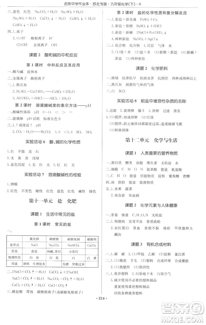 龍門書局2023啟東中學作業(yè)本九年級下冊化學人教版蘇北專版參考答案