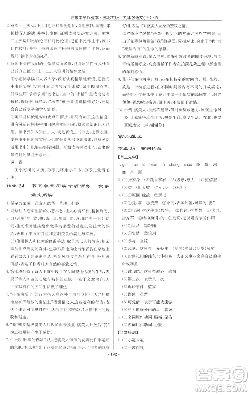 龍門書局2023啟東中學作業(yè)本九年級下冊語文人教版蘇北專版參考答案