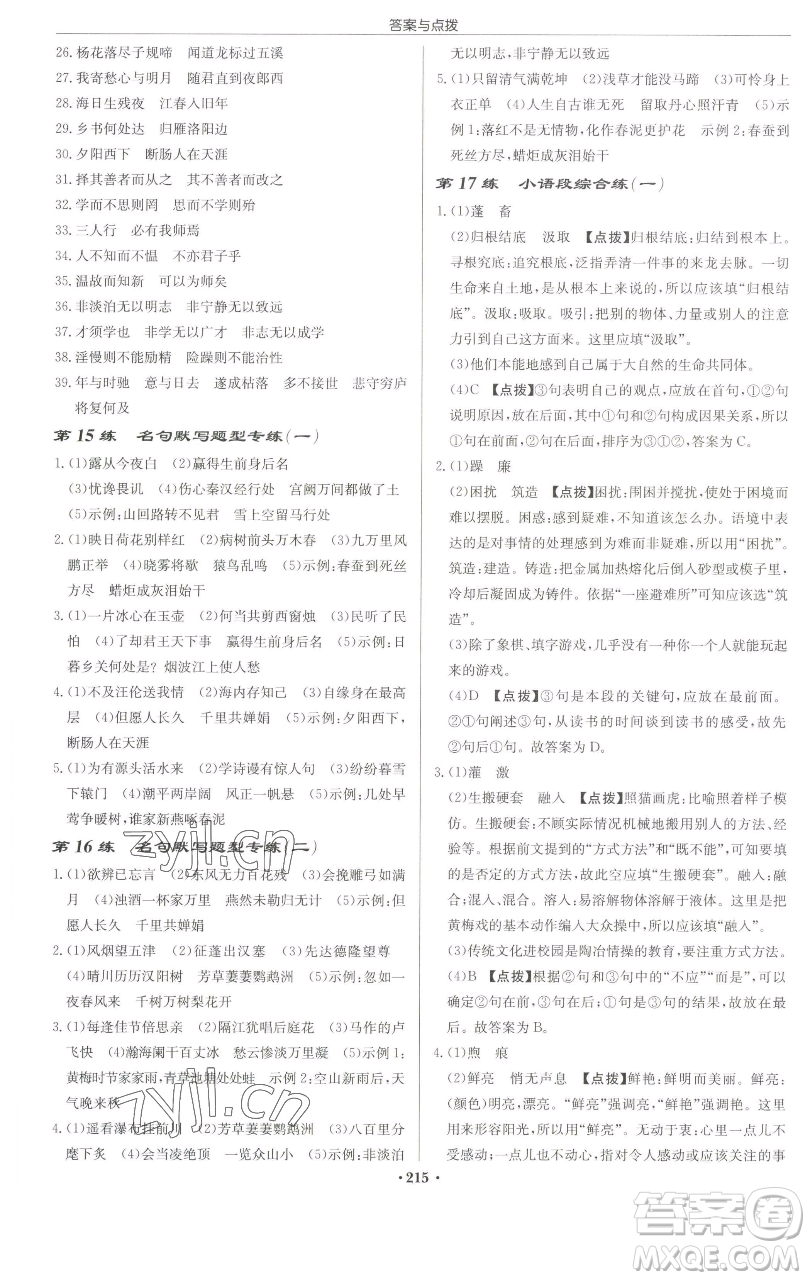 龍門書局2023啟東中學作業(yè)本九年級下冊語文人教版蘇北專版參考答案