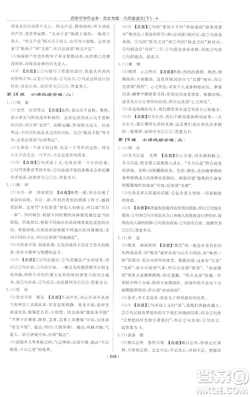 龍門書局2023啟東中學作業(yè)本九年級下冊語文人教版蘇北專版參考答案