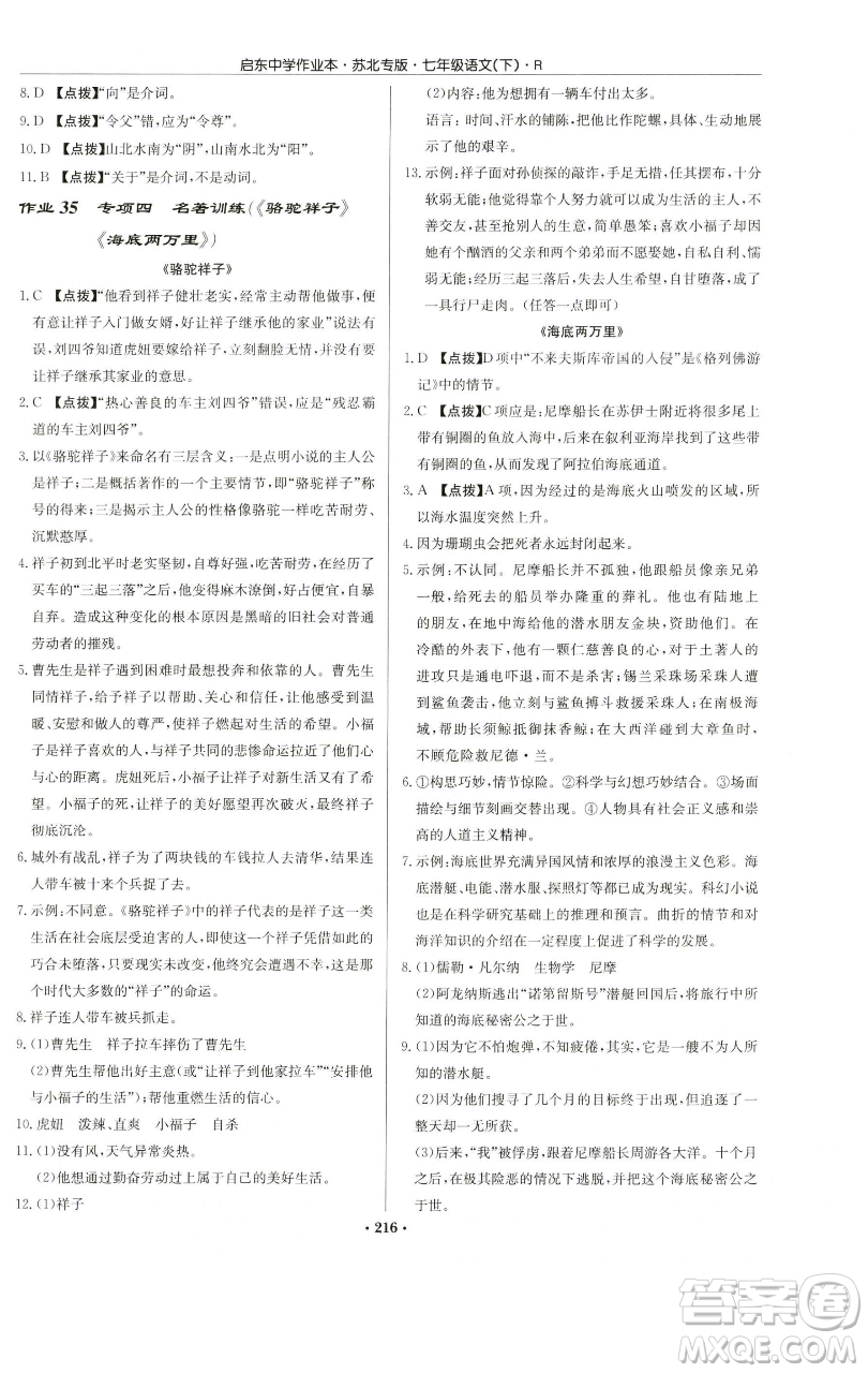 龍門書局2023啟東中學作業(yè)本七年級下冊語文人教版蘇北專版參考答案