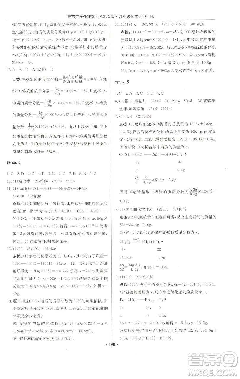 龍門書局2023啟東中學(xué)作業(yè)本九年級下冊化學(xué)滬教版蘇北專版參考答案