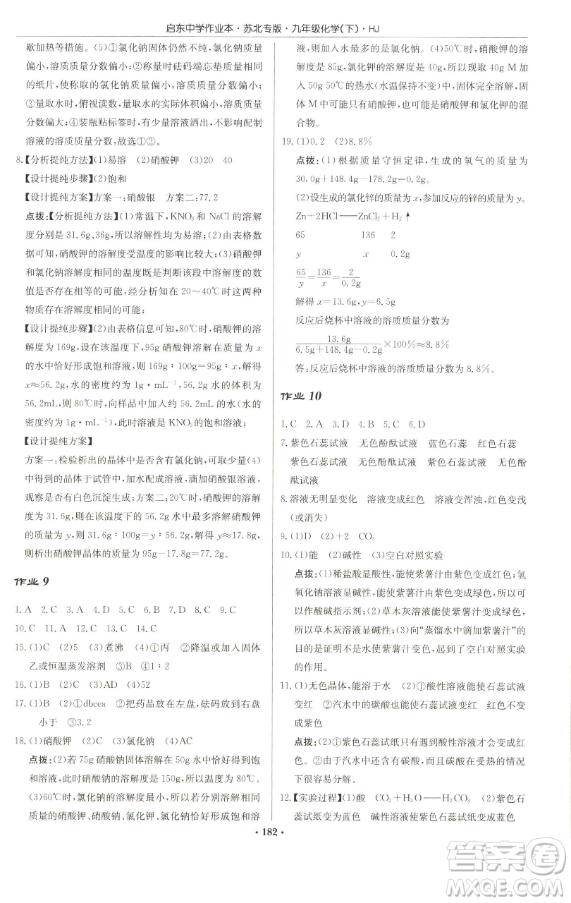 龍門書局2023啟東中學(xué)作業(yè)本九年級下冊化學(xué)滬教版蘇北專版參考答案