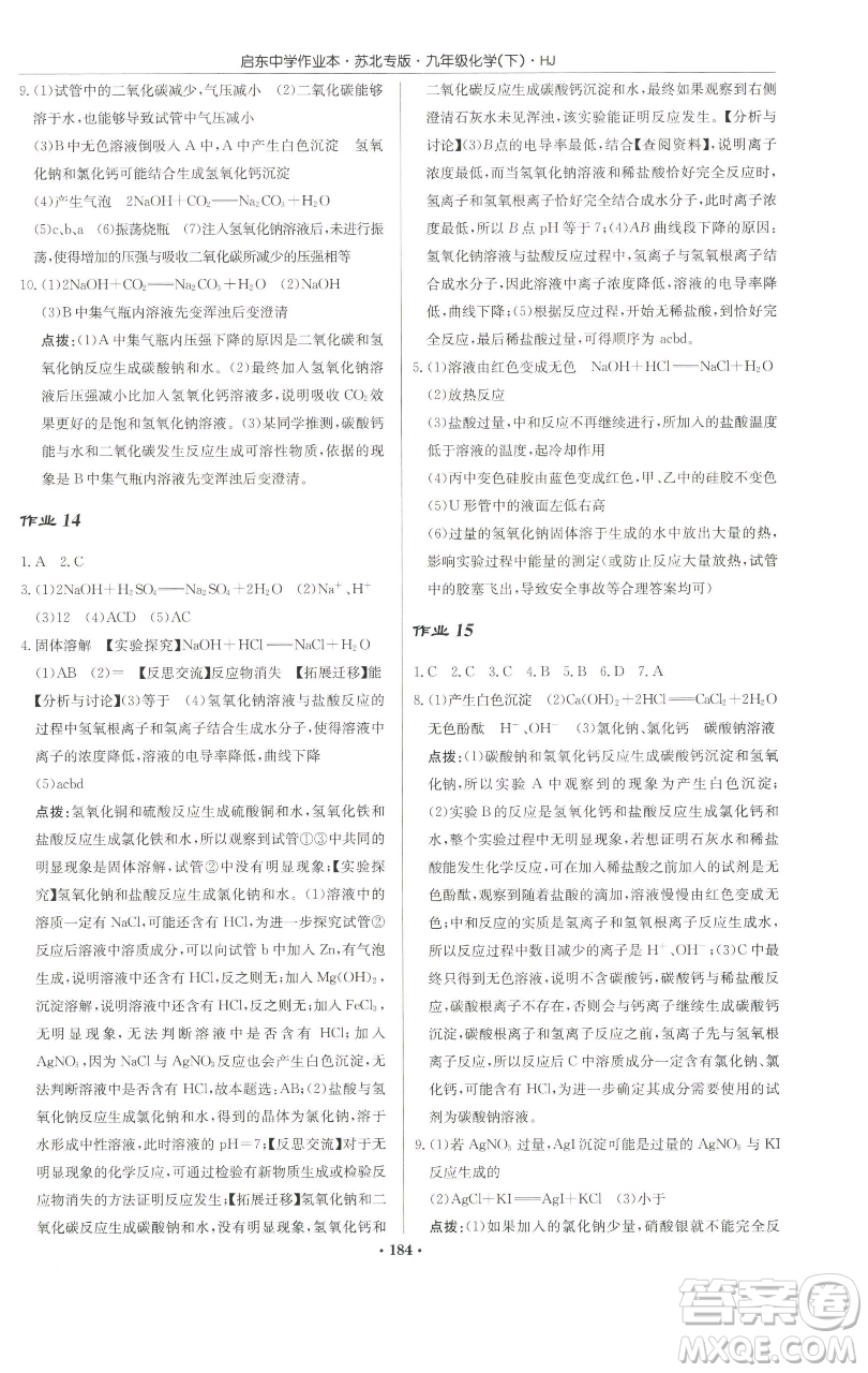 龍門書局2023啟東中學(xué)作業(yè)本九年級下冊化學(xué)滬教版蘇北專版參考答案