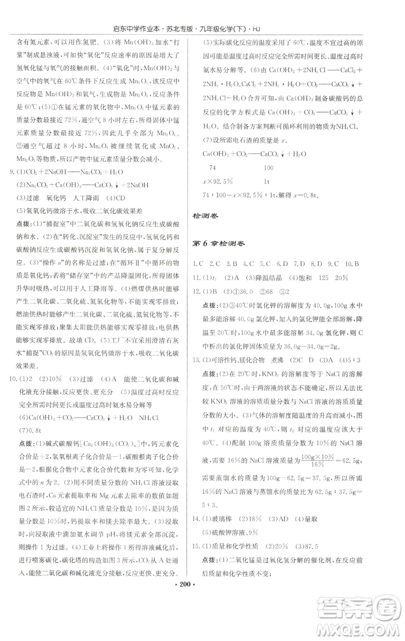 龍門書局2023啟東中學(xué)作業(yè)本九年級下冊化學(xué)滬教版蘇北專版參考答案