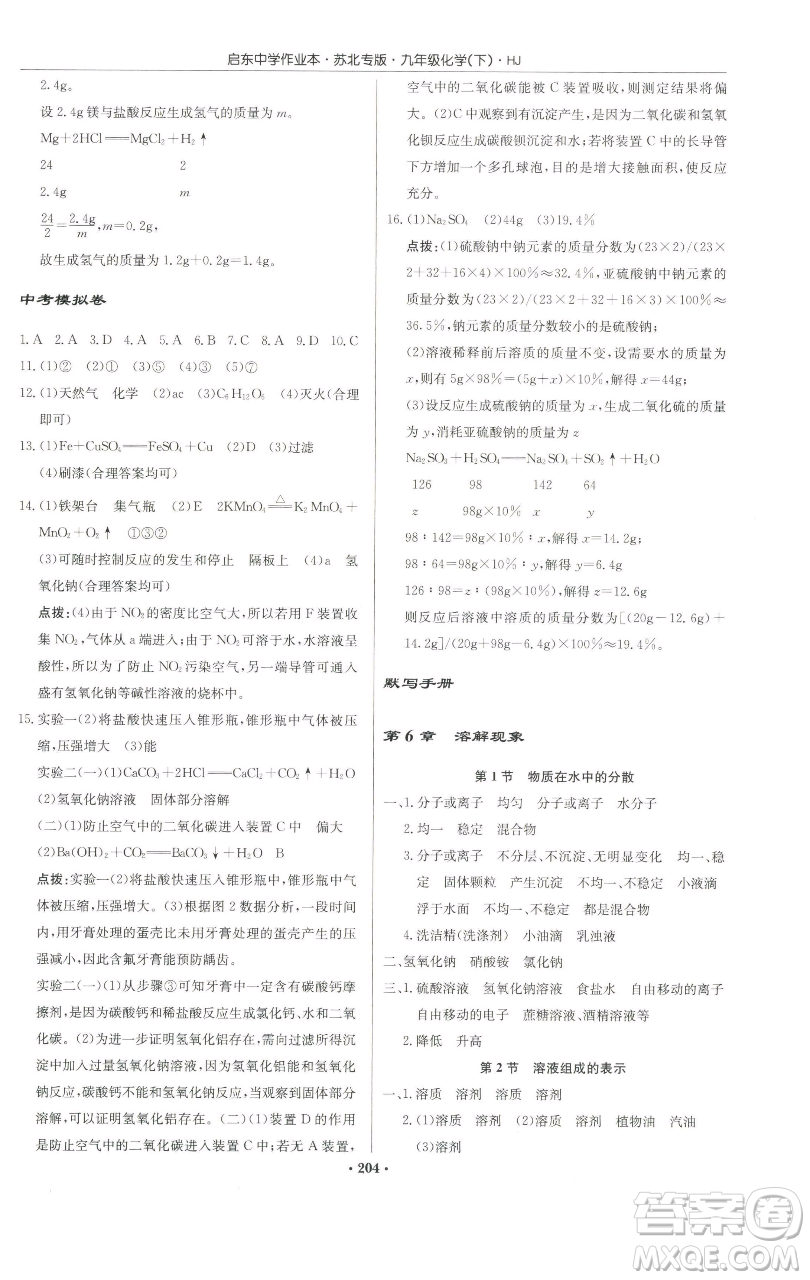 龍門書局2023啟東中學(xué)作業(yè)本九年級下冊化學(xué)滬教版蘇北專版參考答案