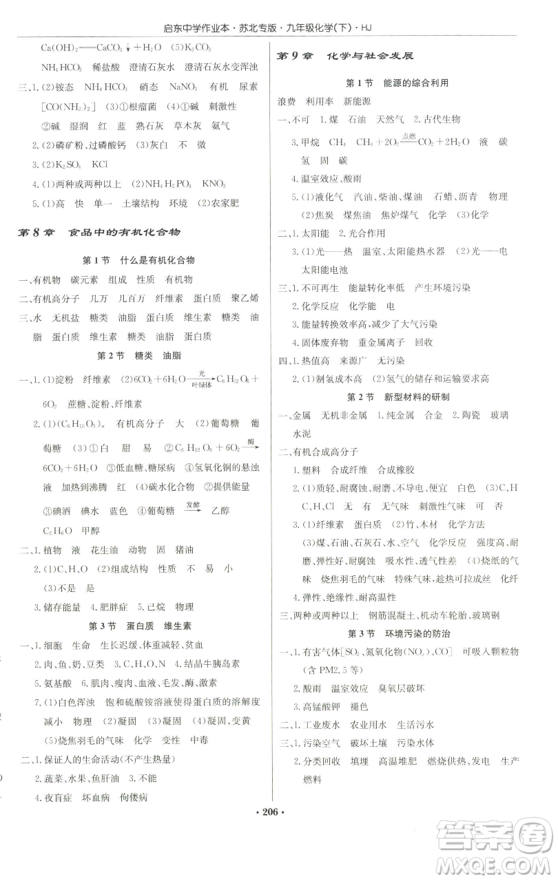 龍門書局2023啟東中學(xué)作業(yè)本九年級下冊化學(xué)滬教版蘇北專版參考答案