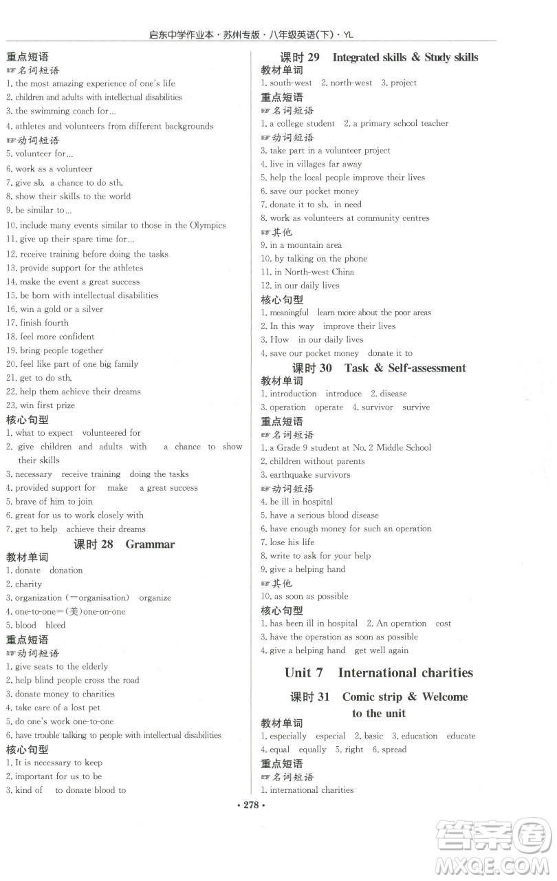 龍門書局2023啟東中學(xué)作業(yè)本八年級下冊英語譯林版蘇州專版參考答案