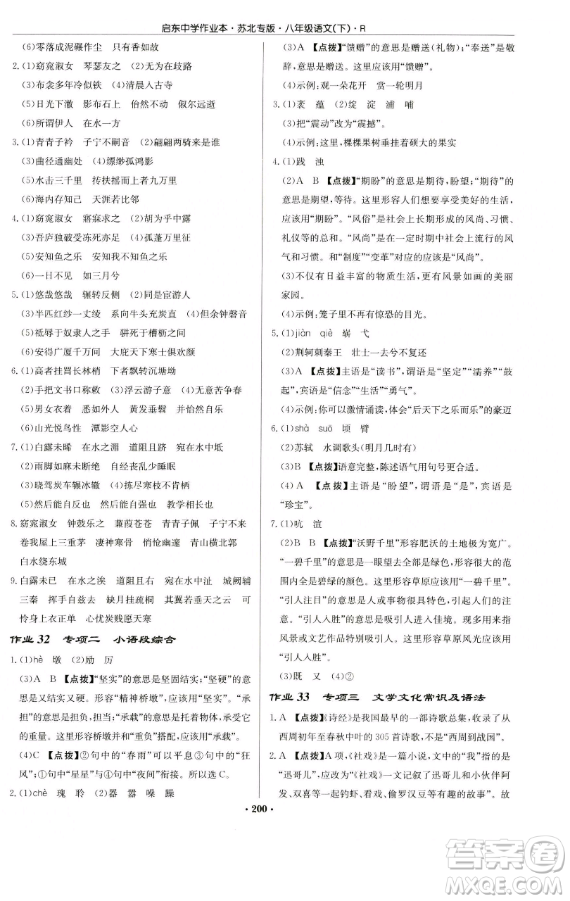 龍門書局2023啟東中學(xué)作業(yè)本八年級(jí)下冊(cè)語文人教版蘇北專版參考答案