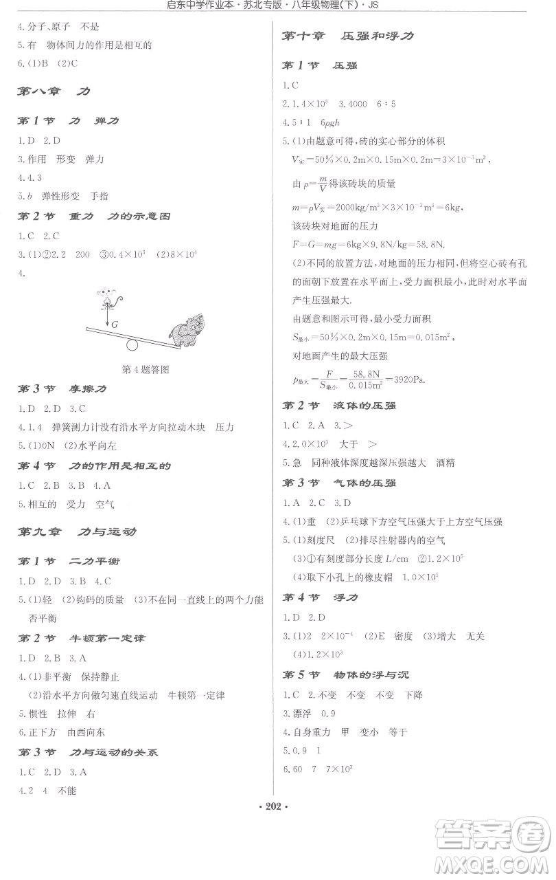 龍門書局2023啟東中學(xué)作業(yè)本八年級(jí)下冊(cè)物理蘇科版蘇北專版參考答案