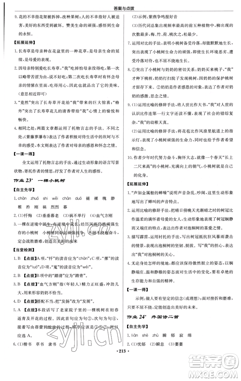 龍門書局2023啟東中學(xué)作業(yè)本七年級下冊語文人教版參考答案
