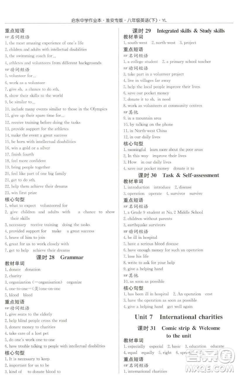 龍門書局2023啟東中學(xué)作業(yè)本八年級下冊英語譯林版淮安專版參考答案