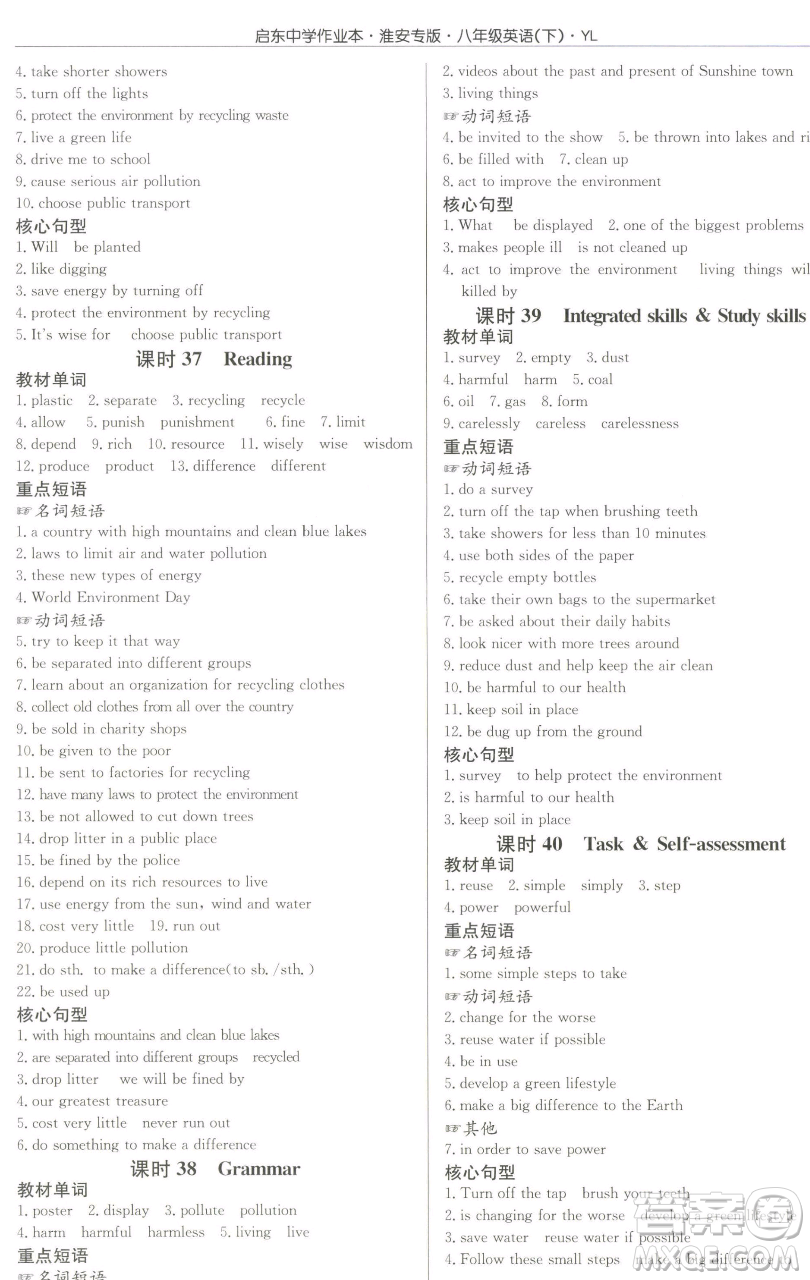龍門書局2023啟東中學(xué)作業(yè)本八年級下冊英語譯林版淮安專版參考答案