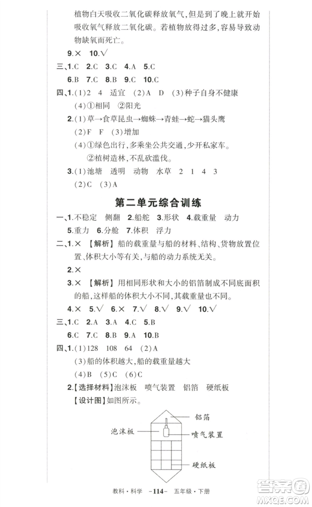 武漢出版社2023狀元成才路創(chuàng)優(yōu)作業(yè)100分五年級(jí)科學(xué)下冊(cè)教科版參考答案