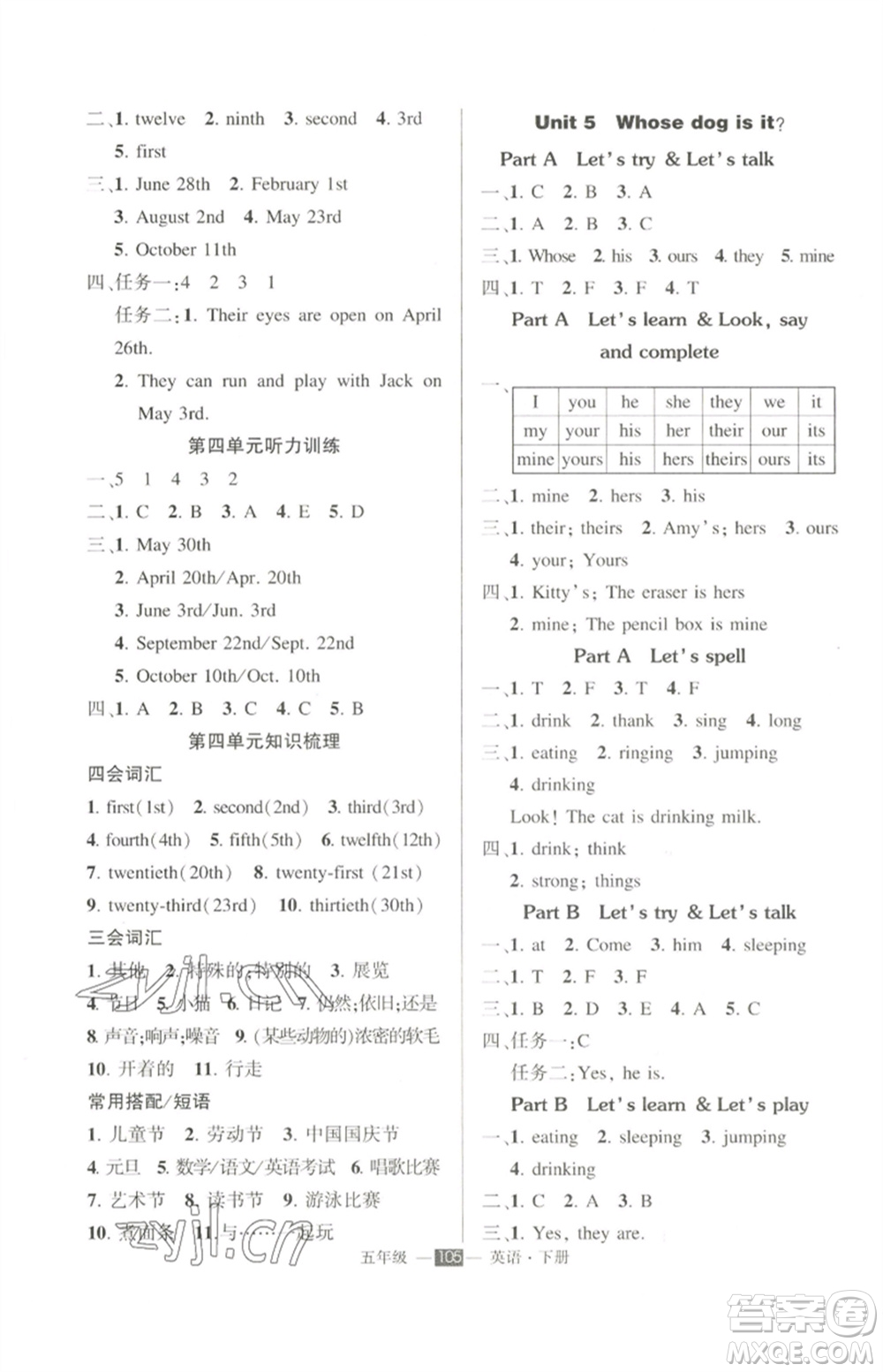 長(zhǎng)江出版社2023狀元成才路創(chuàng)優(yōu)作業(yè)100分五年級(jí)英語(yǔ)下冊(cè)人教PEP版參考答案