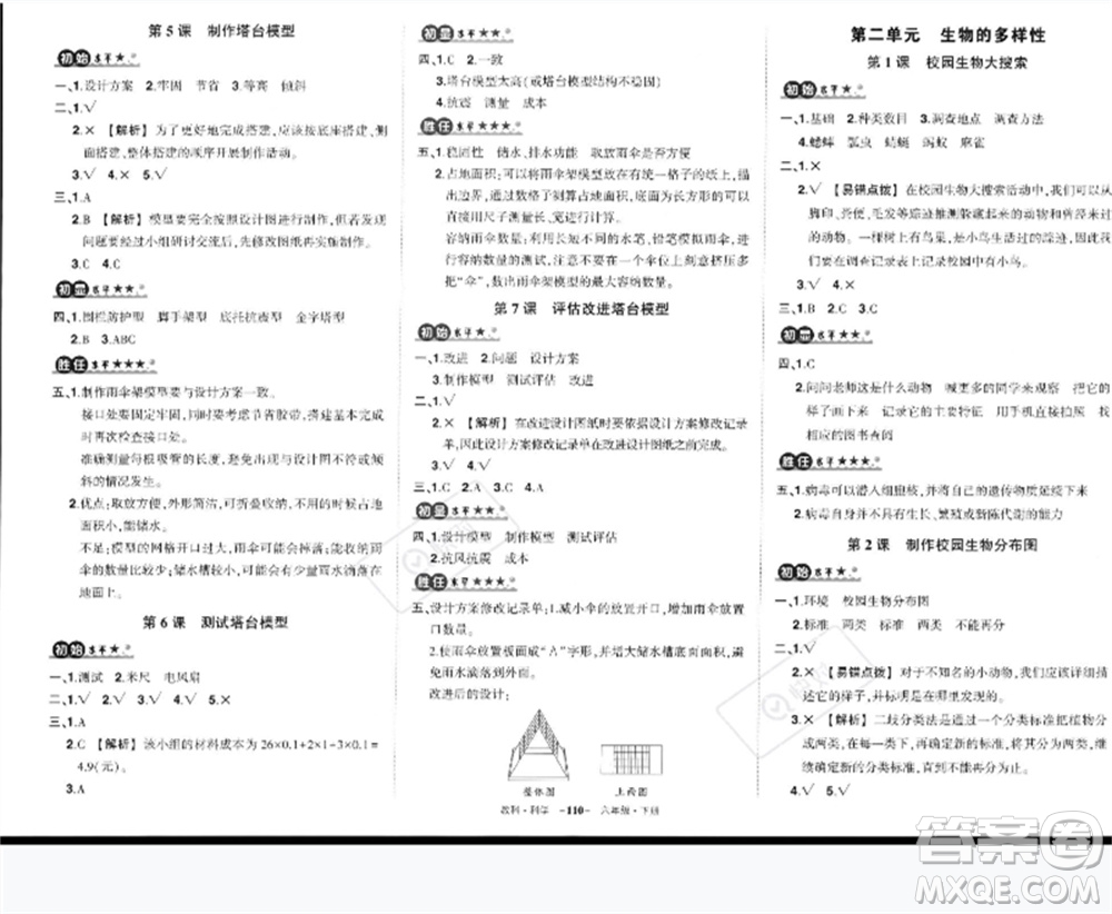武漢出版社2023狀元成才路創(chuàng)優(yōu)作業(yè)100分六年級(jí)科學(xué)下冊(cè)教科版參考答案