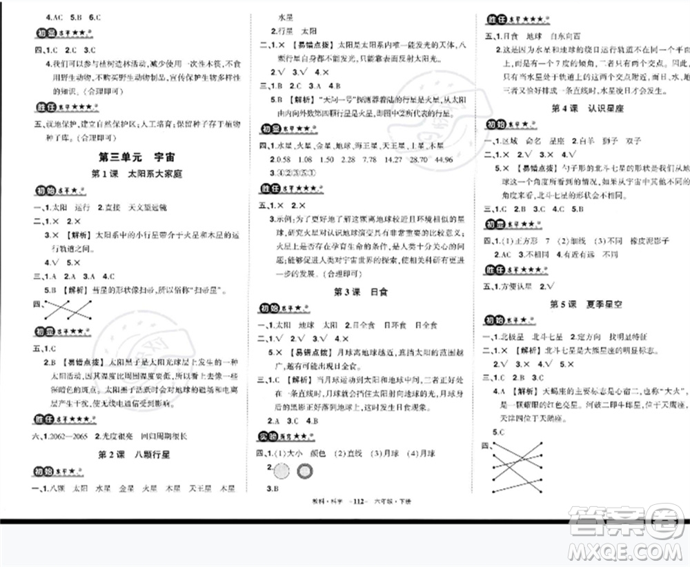 武漢出版社2023狀元成才路創(chuàng)優(yōu)作業(yè)100分六年級(jí)科學(xué)下冊(cè)教科版參考答案
