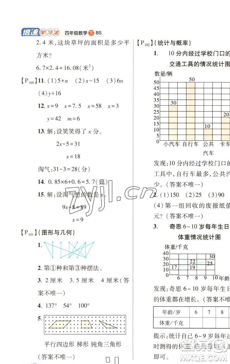 開(kāi)明出版社2023倍速學(xué)習(xí)法四年級(jí)下冊(cè)數(shù)學(xué)北師大版參考答案