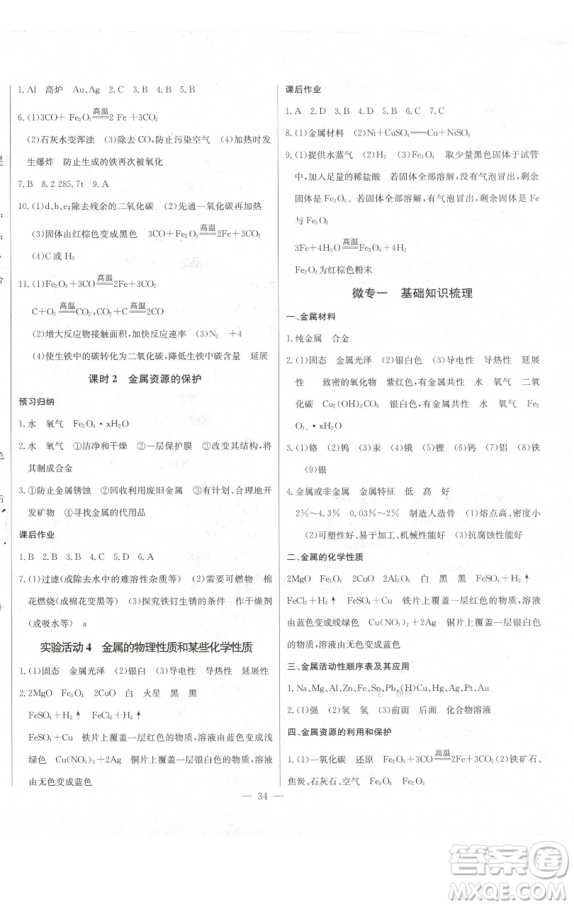 長江少年兒童出版社2023思維新觀察九年級下冊化學人教版參考答案