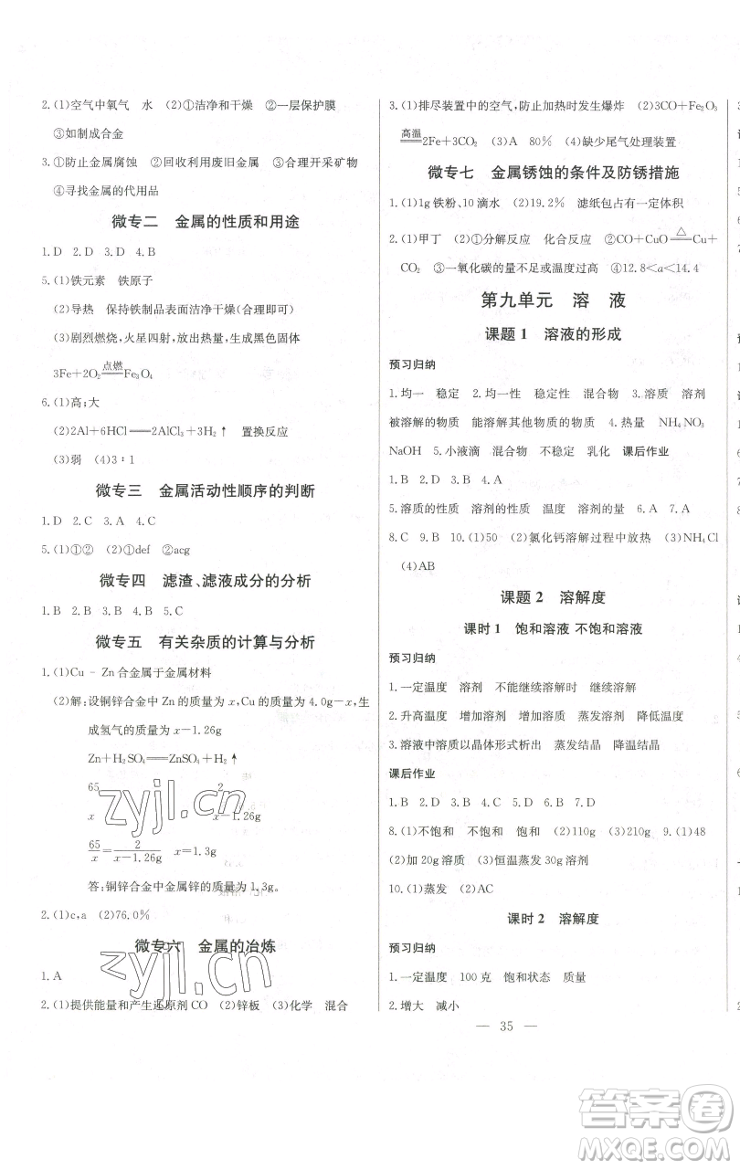 長江少年兒童出版社2023思維新觀察九年級下冊化學人教版參考答案