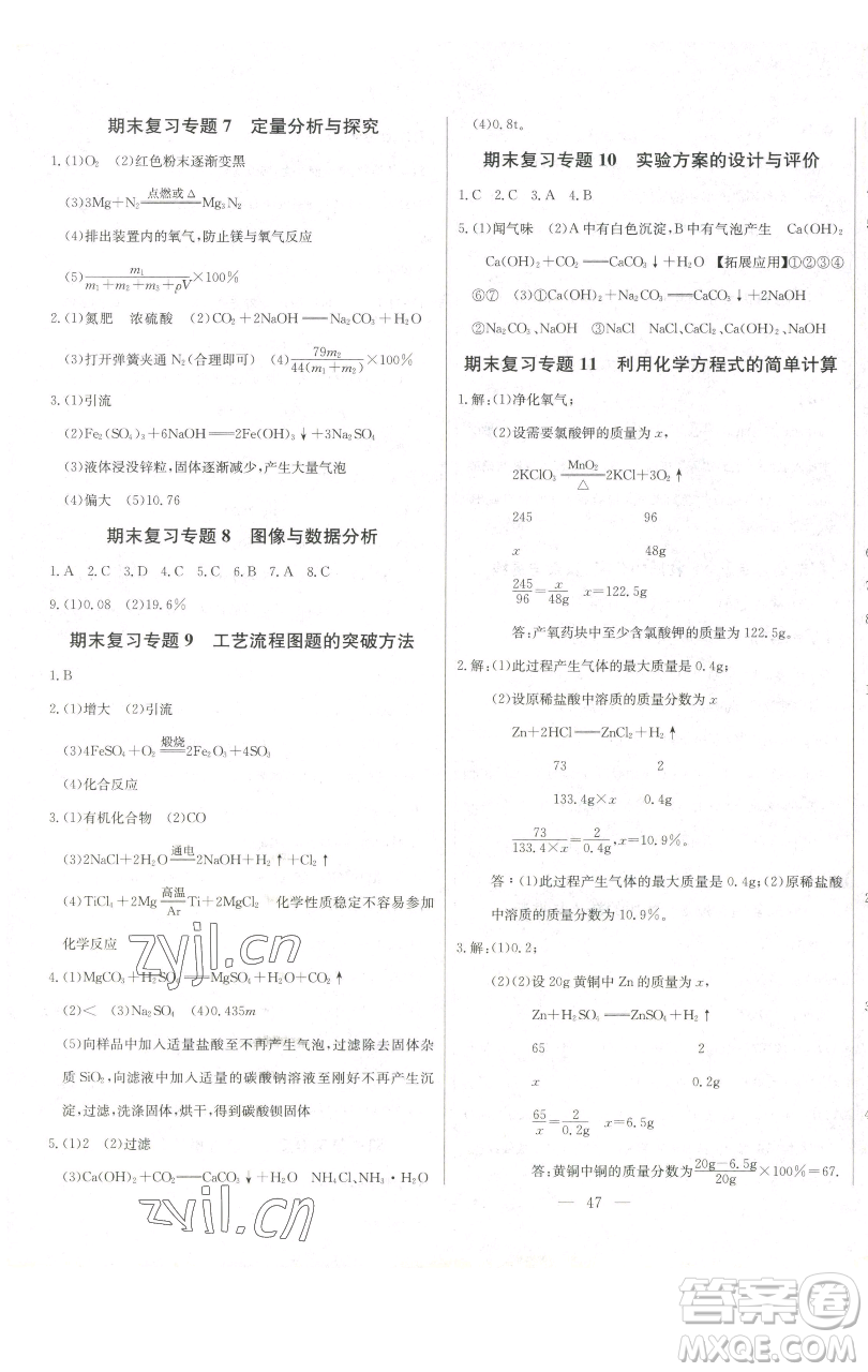 長江少年兒童出版社2023思維新觀察九年級下冊化學人教版參考答案