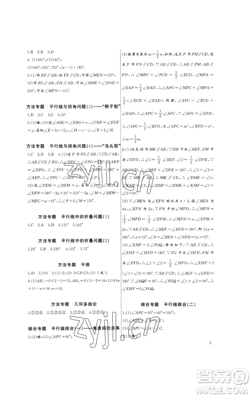 長江少年兒童出版社2023思維新觀察培優(yōu)講練七年級下冊數(shù)學人教版參考答案