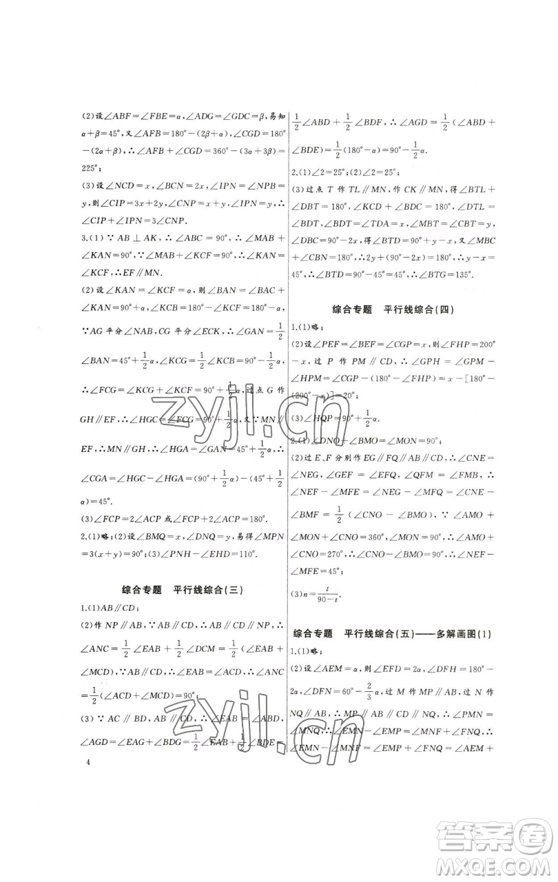 長江少年兒童出版社2023思維新觀察培優(yōu)講練七年級下冊數(shù)學人教版參考答案