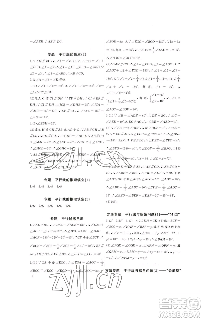 長江少年兒童出版社2023思維新觀察培優(yōu)講練七年級下冊數(shù)學人教版參考答案
