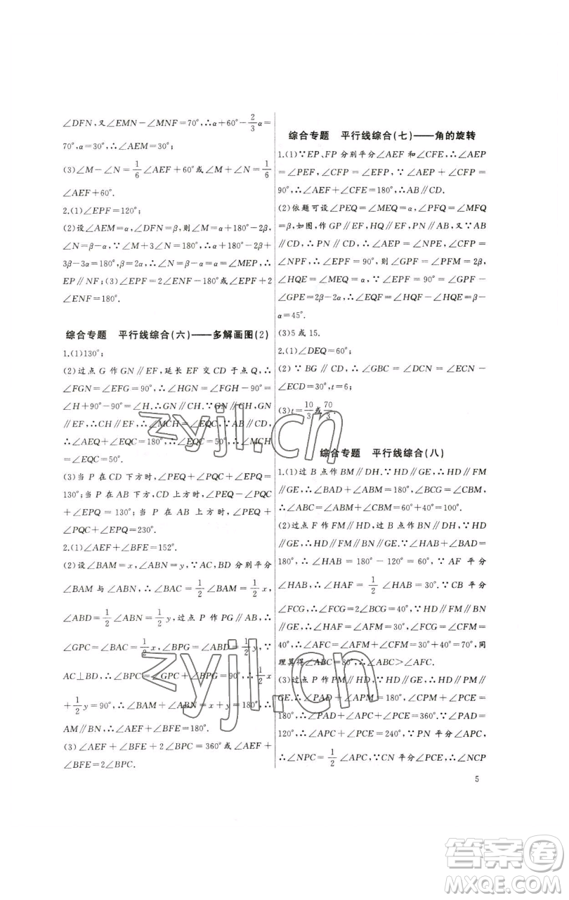 長江少年兒童出版社2023思維新觀察培優(yōu)講練七年級下冊數(shù)學人教版參考答案