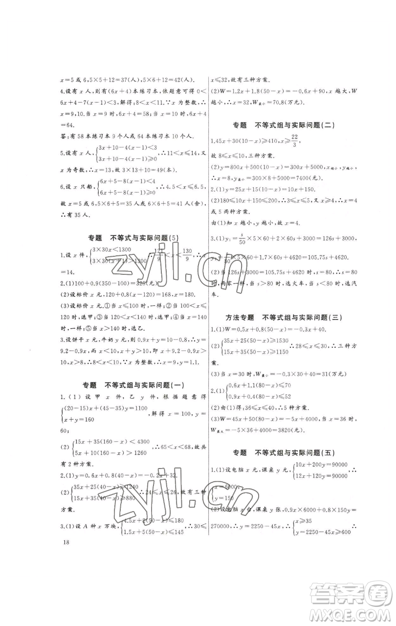 長江少年兒童出版社2023思維新觀察培優(yōu)講練七年級下冊數(shù)學人教版參考答案