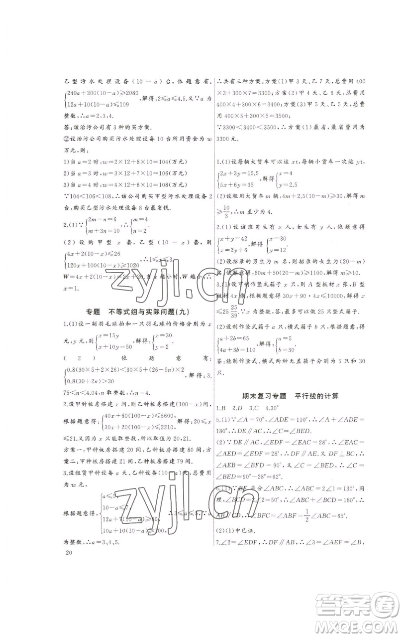 長江少年兒童出版社2023思維新觀察培優(yōu)講練七年級下冊數(shù)學人教版參考答案