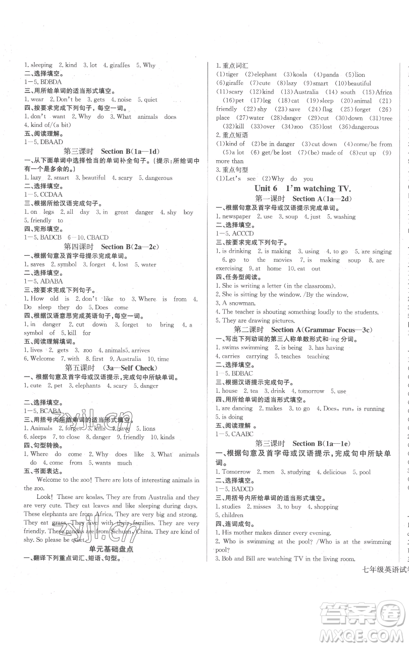 長(zhǎng)江少年兒童出版社2023思維新觀察七年級(jí)下冊(cè)英語人教版參考答案