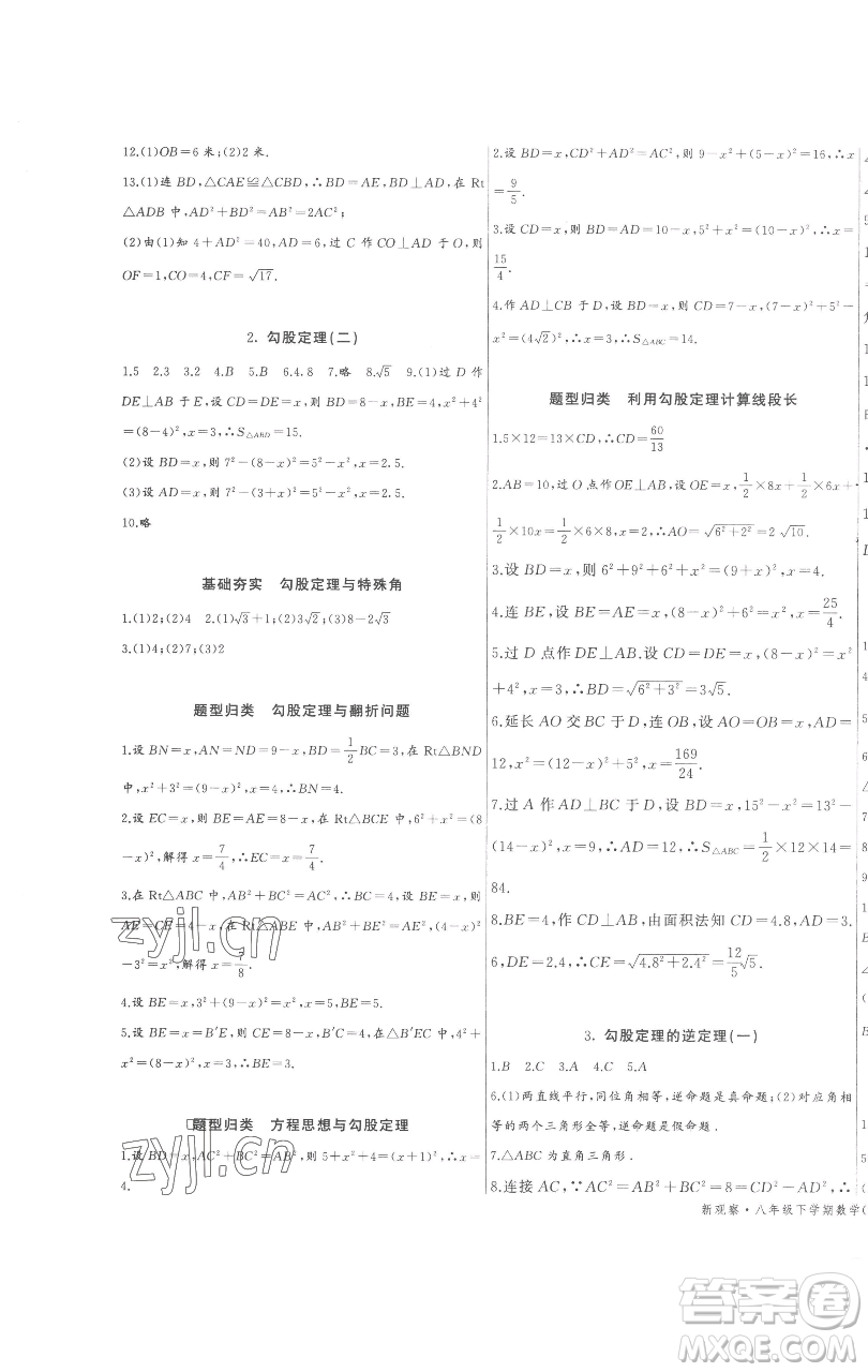 長(zhǎng)江少年兒童出版社2023思維新觀察八年級(jí)下冊(cè)數(shù)學(xué)人教版參考答案
