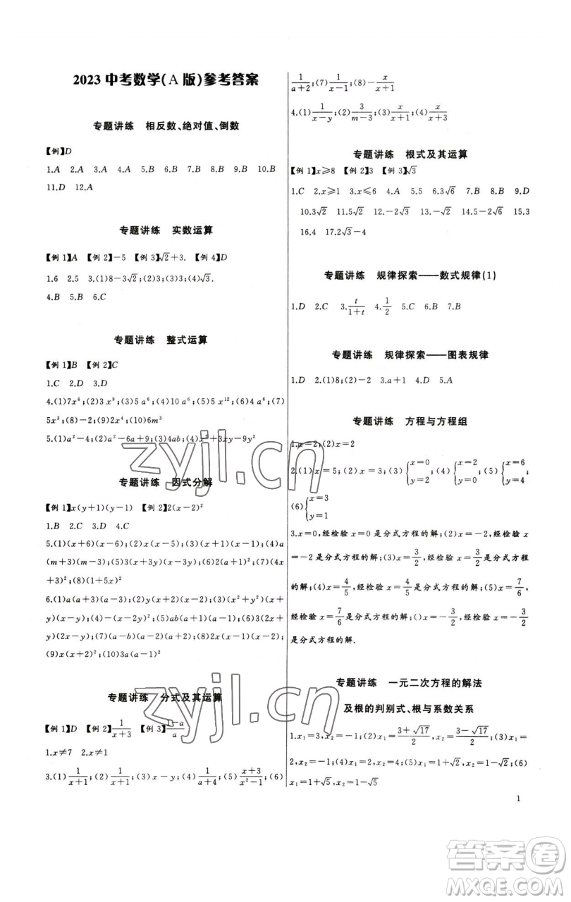 長江少年兒童出版社2023思維新觀察中考數(shù)學(xué)專題復(fù)習(xí)參考答案