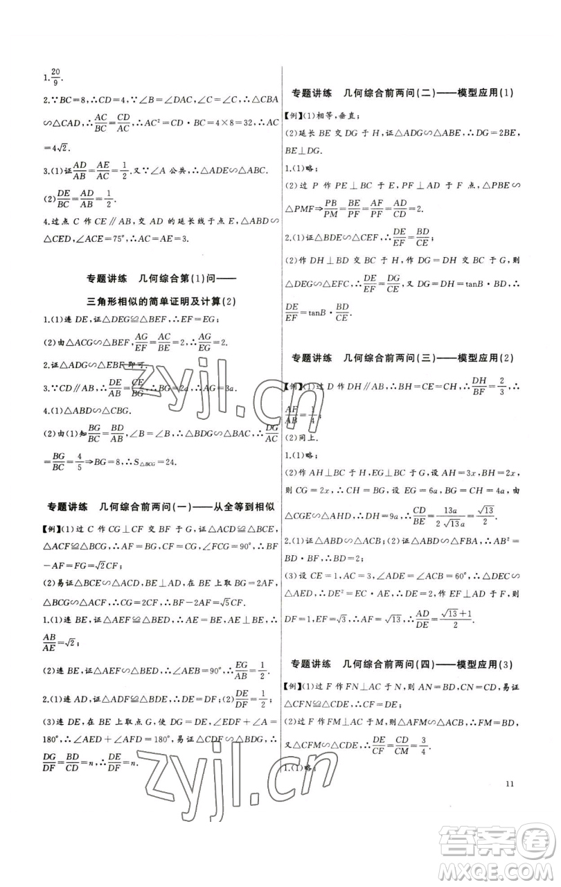 長江少年兒童出版社2023思維新觀察中考數(shù)學(xué)專題復(fù)習(xí)參考答案