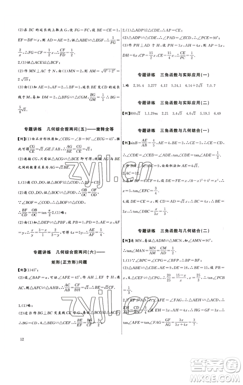 長江少年兒童出版社2023思維新觀察中考數(shù)學(xué)專題復(fù)習(xí)參考答案