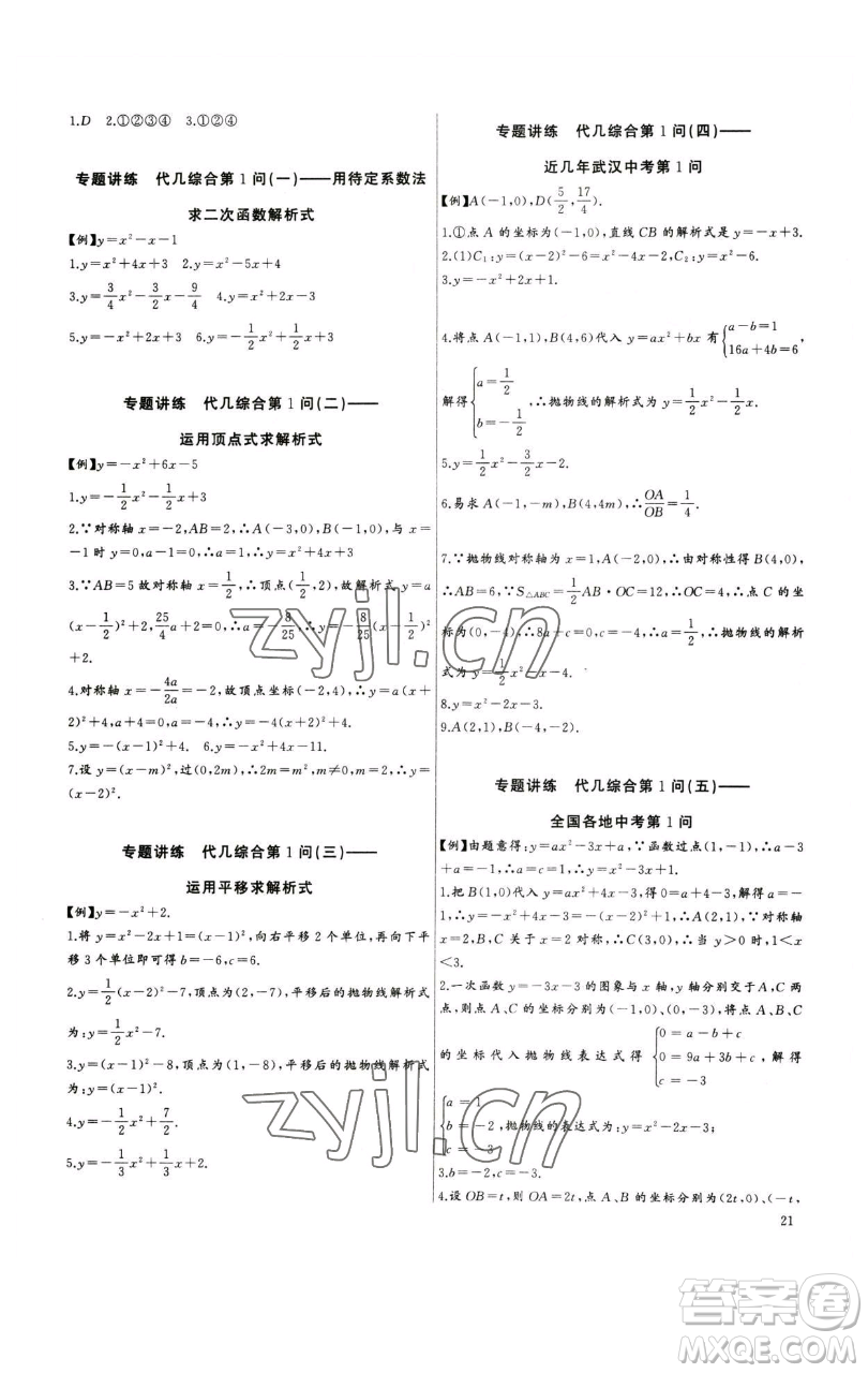 長江少年兒童出版社2023思維新觀察中考數(shù)學(xué)專題復(fù)習(xí)參考答案
