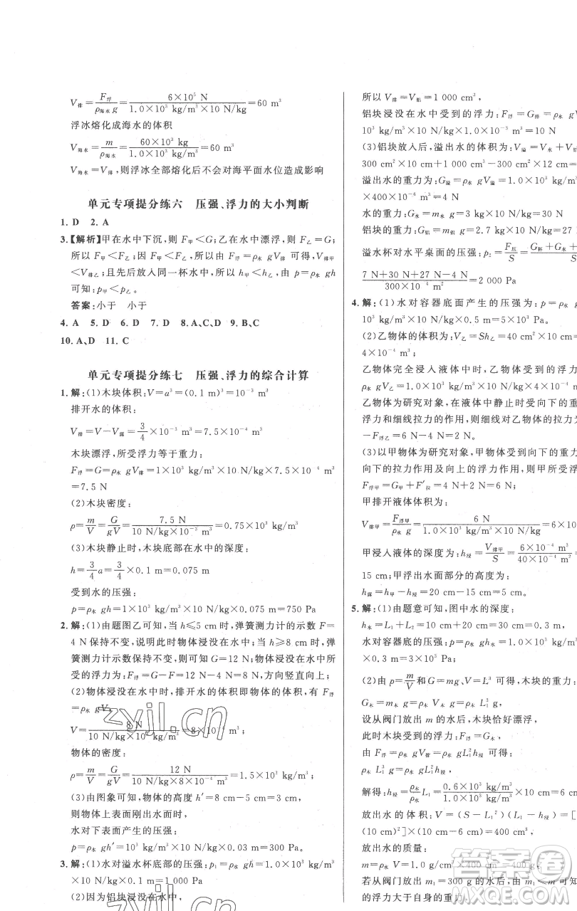 延邊大學(xué)出版社2023世紀(jì)金榜百練百勝八年級(jí)下冊(cè)物理人教版參考答案