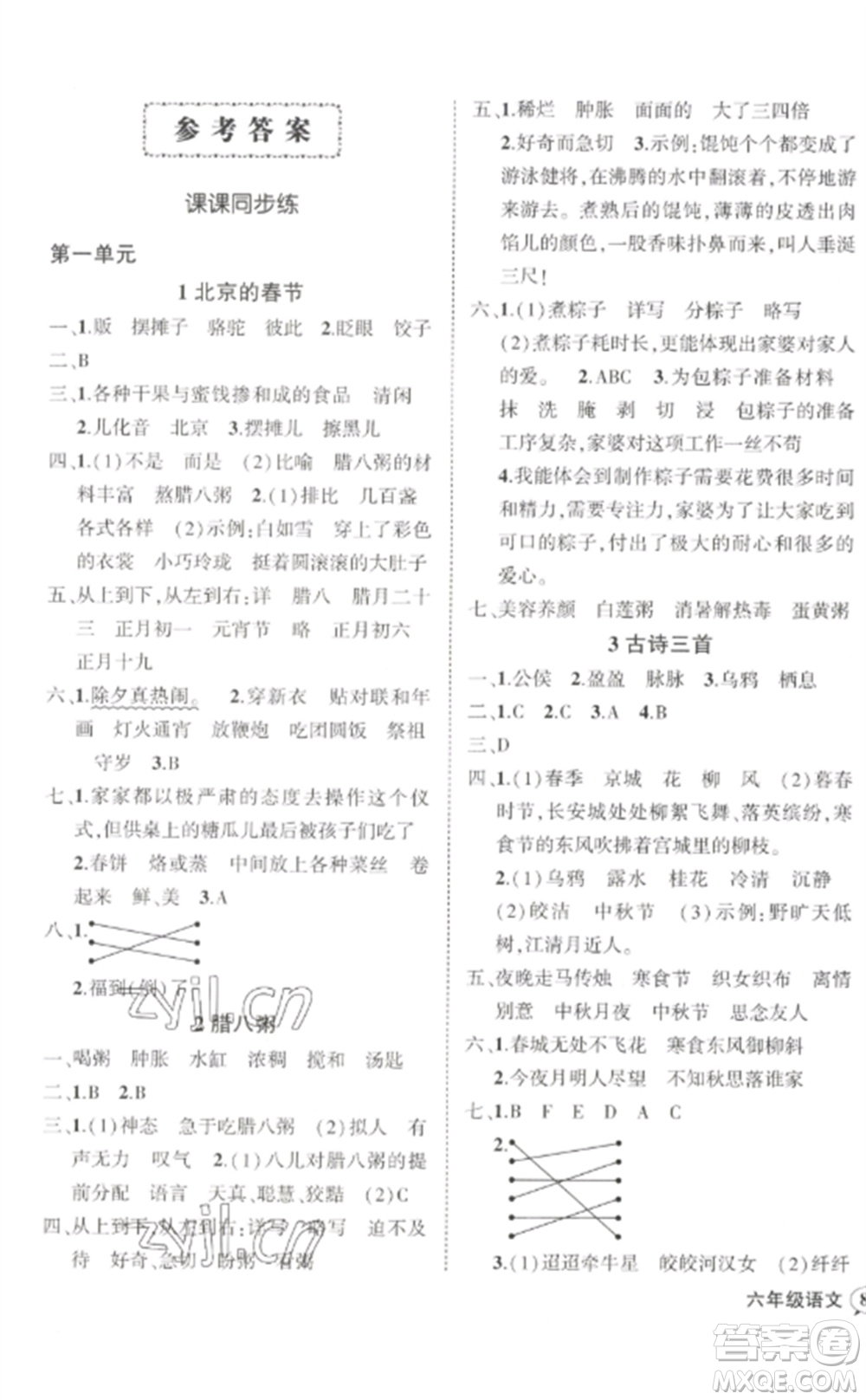 武漢出版社2023狀元成才路創(chuàng)優(yōu)作業(yè)100分六年級(jí)數(shù)語(yǔ)文下冊(cè)人教版浙江專(zhuān)版參考答案