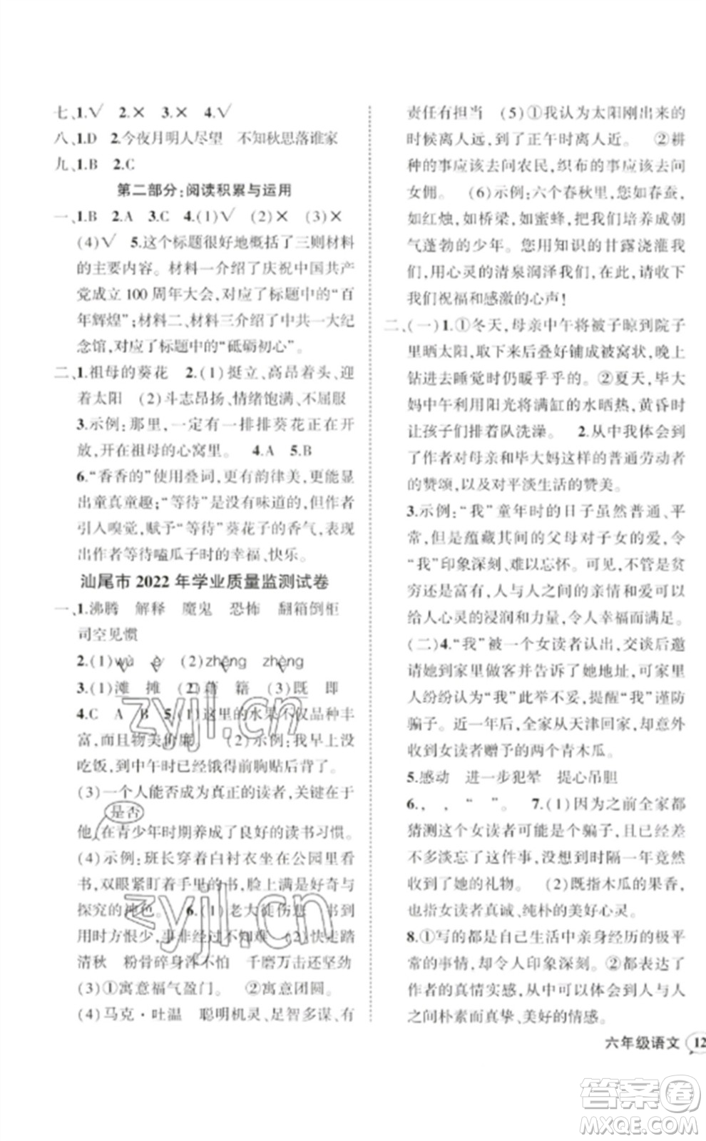 吉林教育出版社2023狀元成才路創(chuàng)優(yōu)作業(yè)100分六年級(jí)語(yǔ)文下冊(cè)人教版廣東專(zhuān)版參考答案
